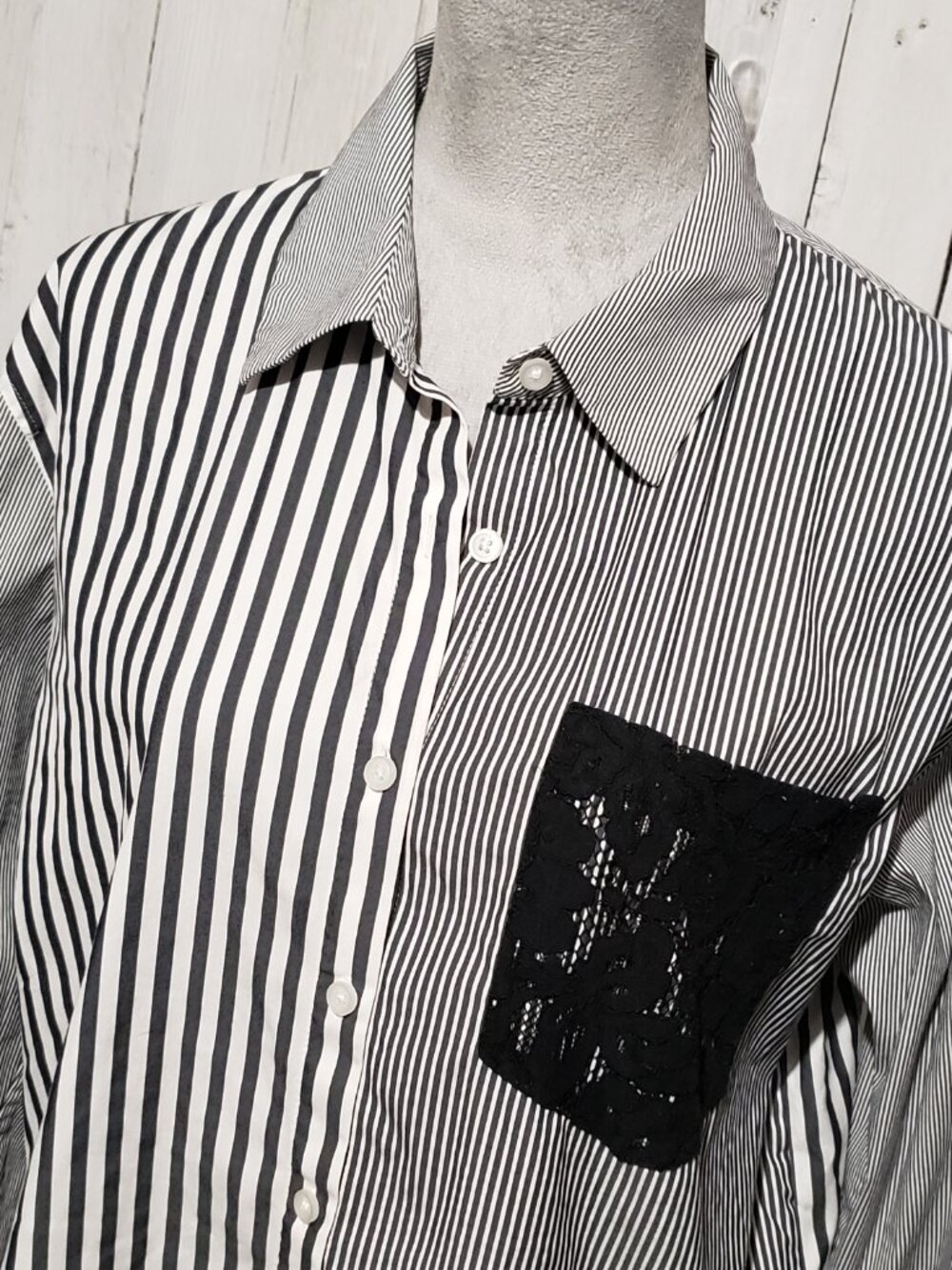 DKNY Patchwork Mix Print Top L Office Preppy Monochrome Witchy Goth Alt Moody LS - Picture 3 of 8